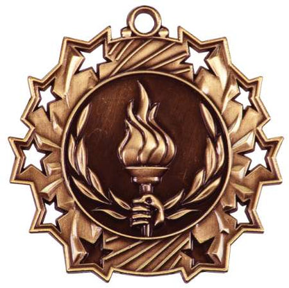 Victory Ten Star Medal - Gold, Silver or Bronze | Engraved Flame of Victory 10 Star Medallion | 2.25 Inch Wide Decade Awards