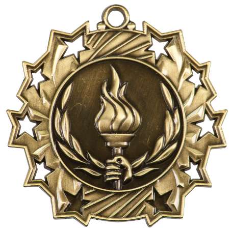 Victory Ten Star Medal - Gold, Silver or Bronze | Engraved Flame of Victory 10 Star Medallion | 2.25 Inch Wide Decade Awards