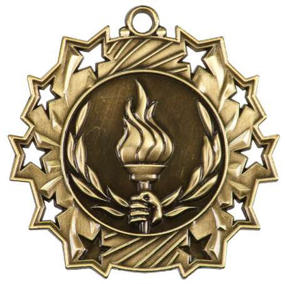 Victory Ten Star Medal - Gold, Silver or Bronze | Engraved Flame of Victory 10 Star Medallion | 2.25 Inch Wide Decade Awards
