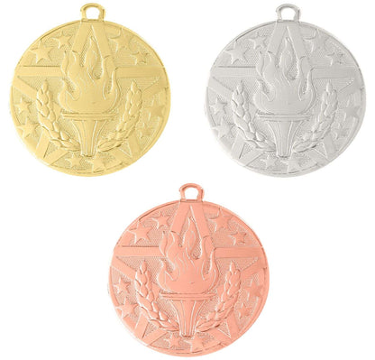 Victory Torch Superstar Medal - Gold, Silver, or Bronze | Engraved Superstar Victory Medallion - 2 Inch Wide Decade Awards