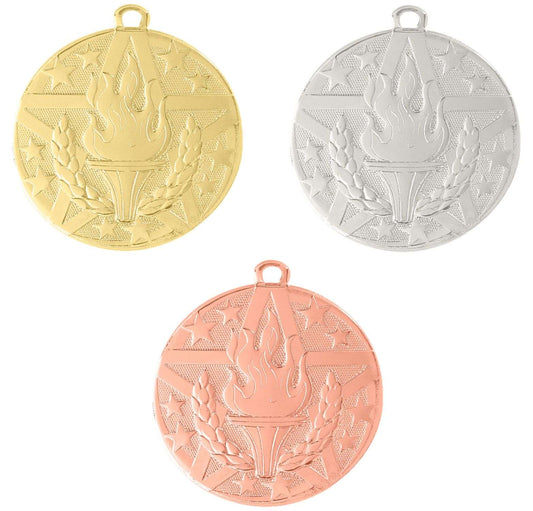Victory Torch Superstar Medal - Gold, Silver, or Bronze | Engraved Superstar Victory Medallion - 2 Inch Wide Decade Awards