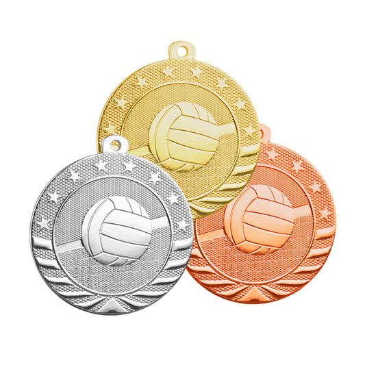 Volleyball StarBrite Medal - Gold, Silver, Bronze | Engraved StarBrite Volleyball Medallion - 2 Inch Wide Decade Awards