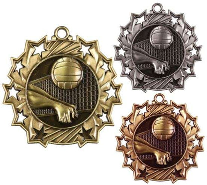 Volleyball Ten Star Medal - Gold, Silver or Bronze | Engraved Spike & Dig 10 Star Medallion | 2.25 Inch Wide Decade Awards