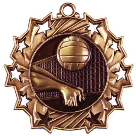 Volleyball Ten Star Medal - Gold, Silver or Bronze | Engraved Spike & Dig 10 Star Medallion | 2.25 Inch Wide Decade Awards