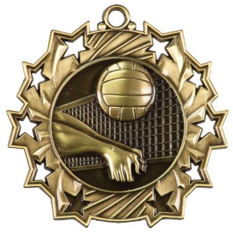 Volleyball Ten Star Medal - Gold, Silver or Bronze | Engraved Spike & Dig 10 Star Medallion | 2.25 Inch Wide Decade Awards