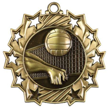 Volleyball Ten Star Medal - Gold, Silver or Bronze | Engraved Spike & Dig 10 Star Medallion | 2.25 Inch Wide Decade Awards