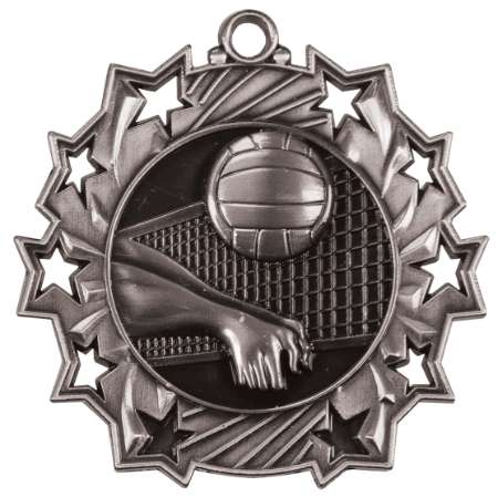 Volleyball Ten Star Medal - Gold, Silver or Bronze | Engraved Spike & Dig 10 Star Medallion | 2.25 Inch Wide Decade Awards