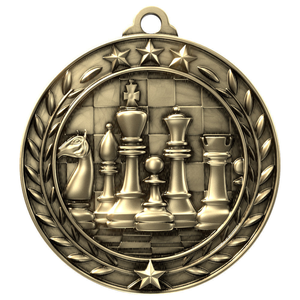 Gold chess wreath medal engraved, 2.75-inch zinc alloy tournament award with ribbon