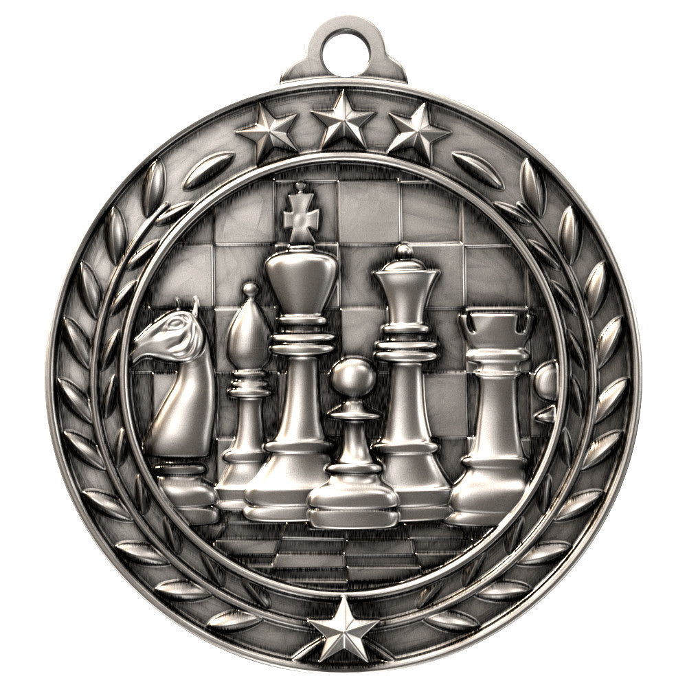 Silver chess medal with wreath design and custom engraving for chess competitions