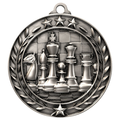 Silver chess medal with wreath design and custom engraving for chess competitions