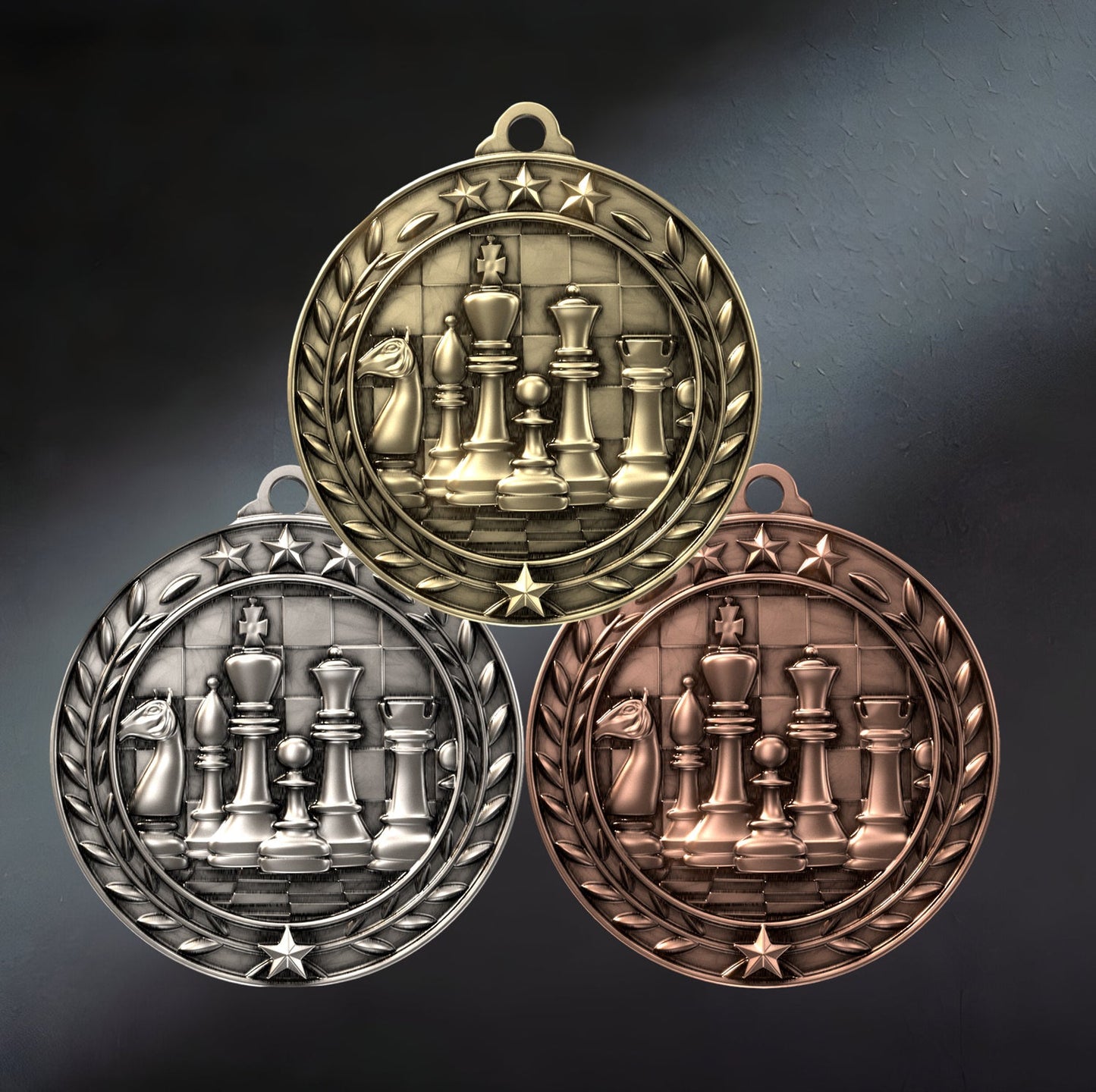 Chess wreath medal displayed with 1.5-inch ribbon option, awards ceremony ready by Decade Awards