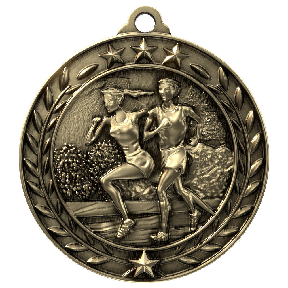 Gold cross country award medal with ribbon, free engraving included by Decade Awards