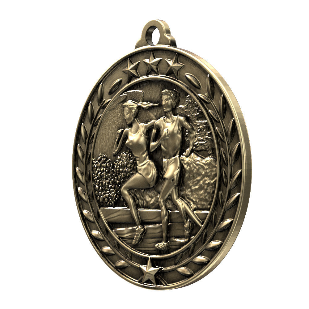 Custom cross country medal by Decade Awards showing runner silhouette and finish ribbon