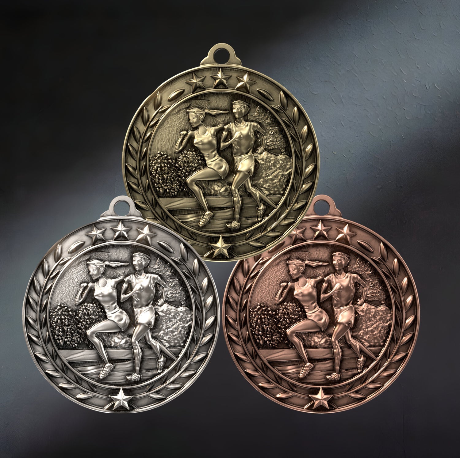 Cross country medal from Decade Awards with free engraving and detailed runner design