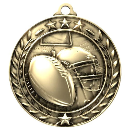 Football Wreath Medal | Engraved Gold Football Medal - 2.75 Inch Wide Decade Awards