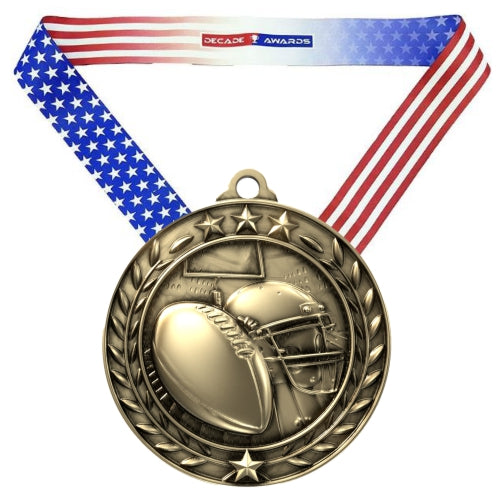 Football Wreath Medal | Engraved Gold Football Medal - 2.75 Inch Wide Decade Awards