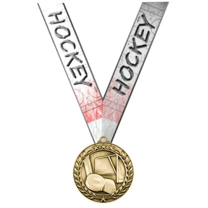 Hockey Wreath Medal- Gold, Silver or Bronze | Engraved Hockey Medallion - 2.75 Inch Wide Decade Awards