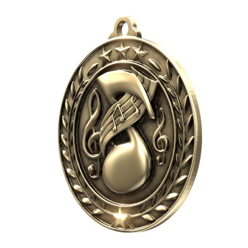 Music Wreath Medal, Gold | Engraved Gold Music Medal - 2.75 Inch Wide Decade Awards