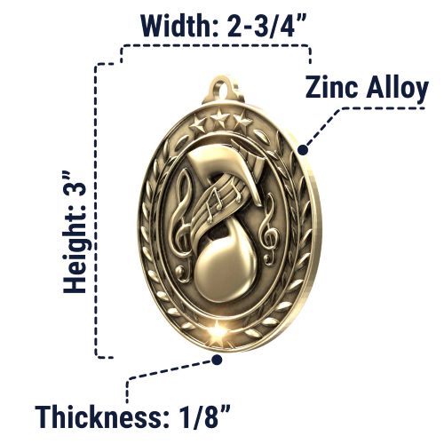 Music Wreath Medal, Gold | Engraved Gold Music Medal - 2.75 Inch Wide Decade Awards