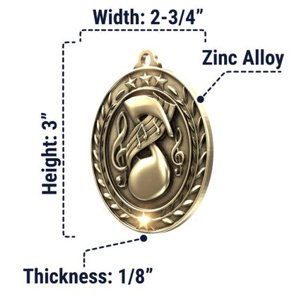 Music Wreath Medal, Gold | Engraved Gold Music Medal - 2.75 Inch Wide Decade Awards