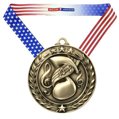 Music Wreath Medal, Gold | Engraved Gold Music Medal - 2.75 Inch Wide Decade Awards