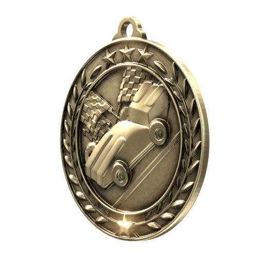 Racing Wreath Medal, Gold | Engraved Gold Racing Medal - 2.75 Inch Wide Decade Awards