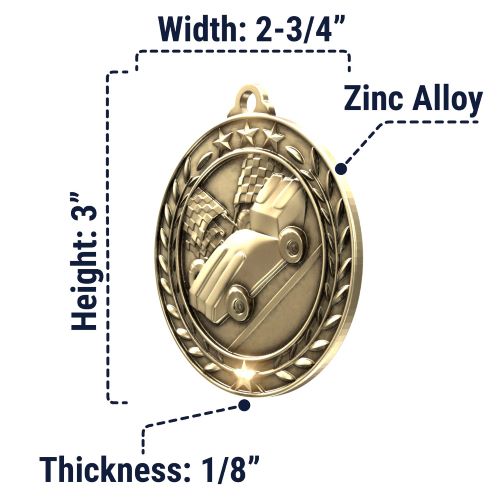 Racing Wreath Medal, Gold | Engraved Gold Racing Medal - 2.75 Inch Wide Decade Awards