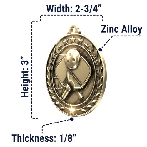 Custom engraved Wreath Pickleball Medal in gold silver or bronze with free neck ribbon and free engraving – 2.75 inch pickleball tournament and league award by Decade Awards