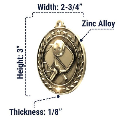 Custom engraved Wreath Pickleball Medal in gold silver or bronze with free neck ribbon and free engraving – 2.75 inch pickleball tournament and league award by Decade Awards