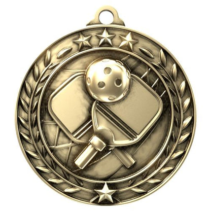 Custom engraved Wreath Pickleball Medal in gold silver or bronze with free neck ribbon and free engraving – 2.75 inch pickleball tournament and league award by Decade Awards