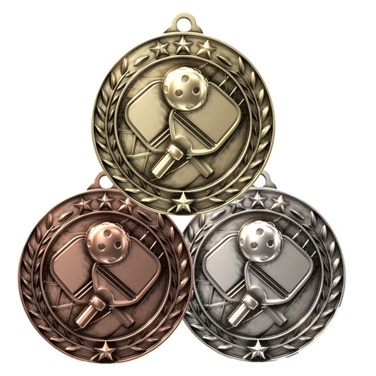 Custom engraved Wreath Pickleball Medal in gold silver or bronze with free neck ribbon and free engraving – 2.75 inch pickleball tournament and league award by Decade Awards