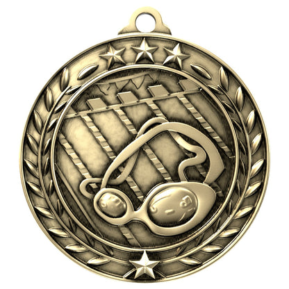 Swimming Wreath Medal, Gold | Engraved Gold Swimming Medal - 2.75 Inch Wide Decade Awards