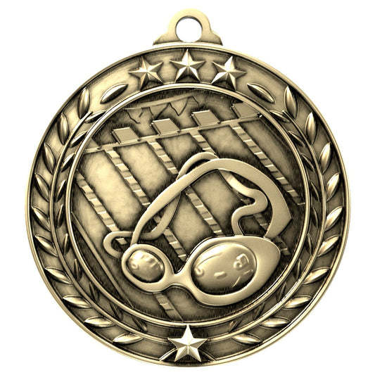 Swimming Wreath Medal, Gold | Engraved Gold Swimming Medal - 2.75 Inch Wide Decade Awards