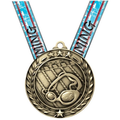 Swimming Wreath Medal, Gold | Engraved Gold Swimming Medal - 2.75 Inch Wide Decade Awards