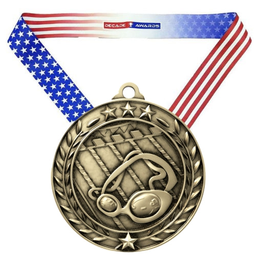 Swimming Wreath Medal, Gold | Engraved Gold Swimming Medal - 2.75 Inch Wide Decade Awards