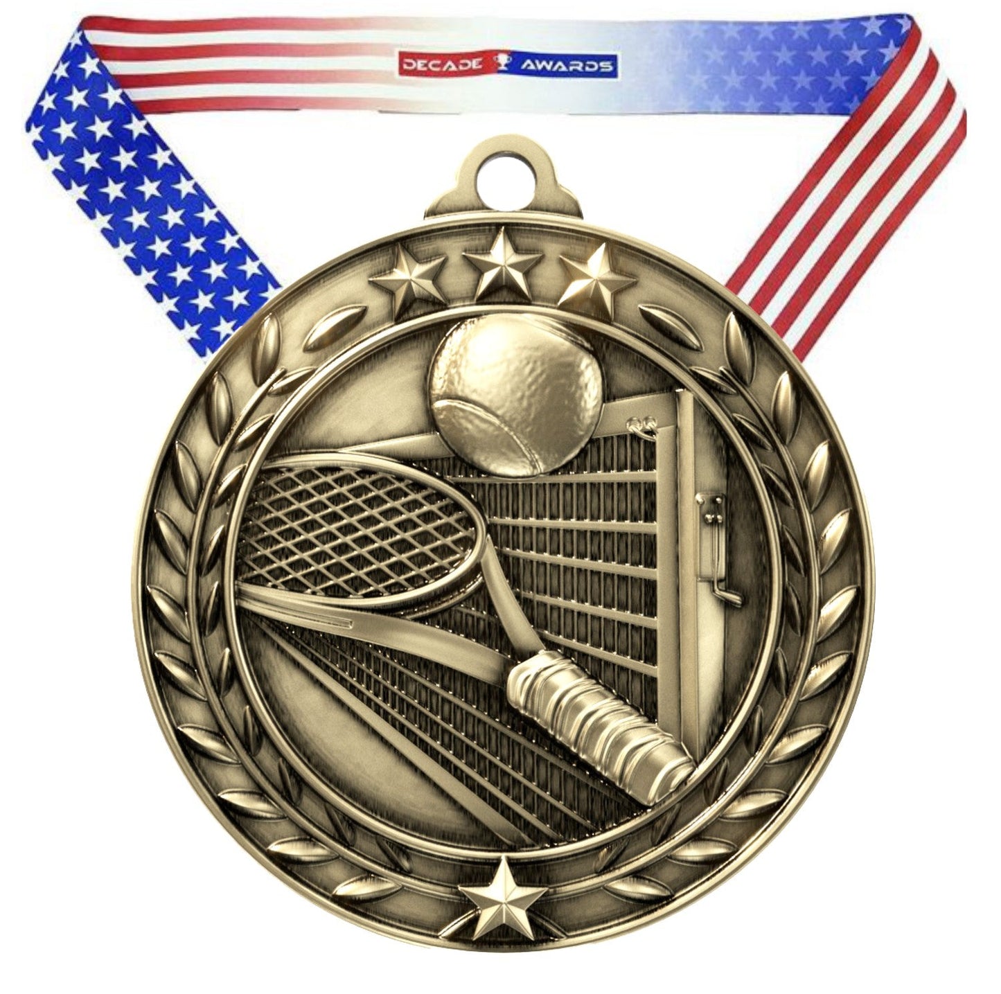 Personalized Tennis Medal in Gold Silver or Bronze with Ribbon and Custom Engraving by Decade Awards
