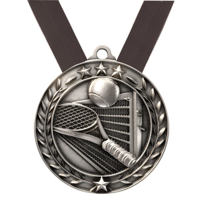 Personalized Tennis Medal in Gold Silver or Bronze with Ribbon and Custom Engraving by Decade Awards
