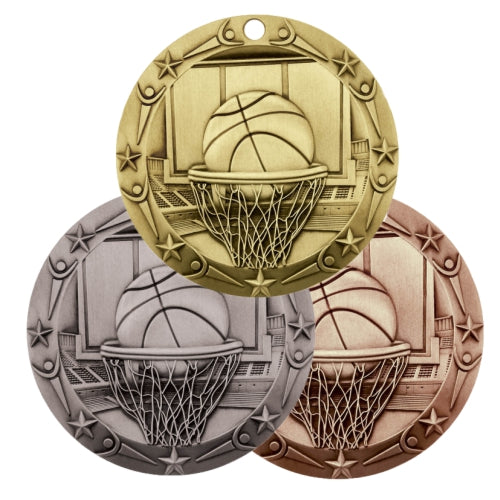 World Class Basketball Medal - Gold, Silver or Bronze | Engraved Basketball Medal - 3 Inch Wide Decade Awards