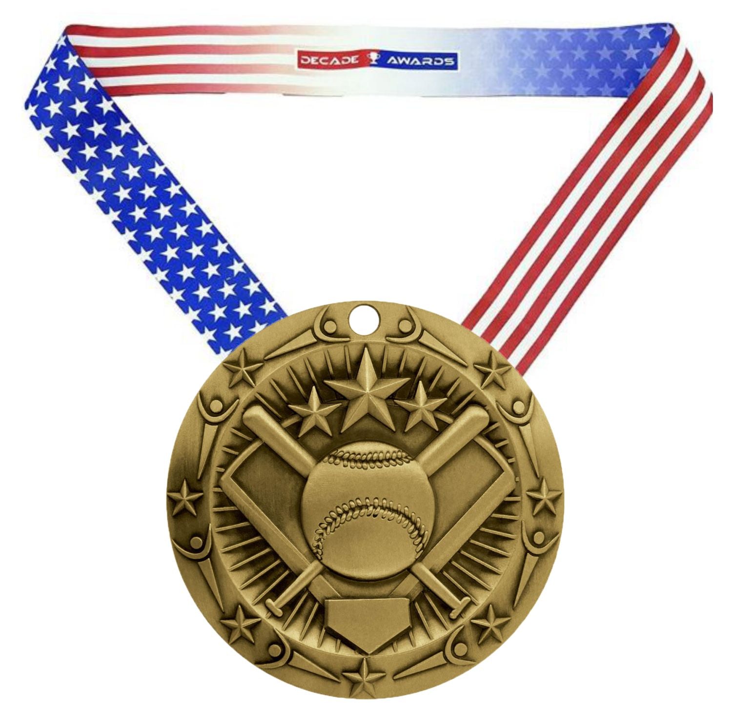 Softball World Class Medal - Gold, Silver or Bronze | Engraved Slow / Fast Pitch Medal -3 Inch Wide Decade 
- Gold Softball Medal.Stars & Stripes Ribbon