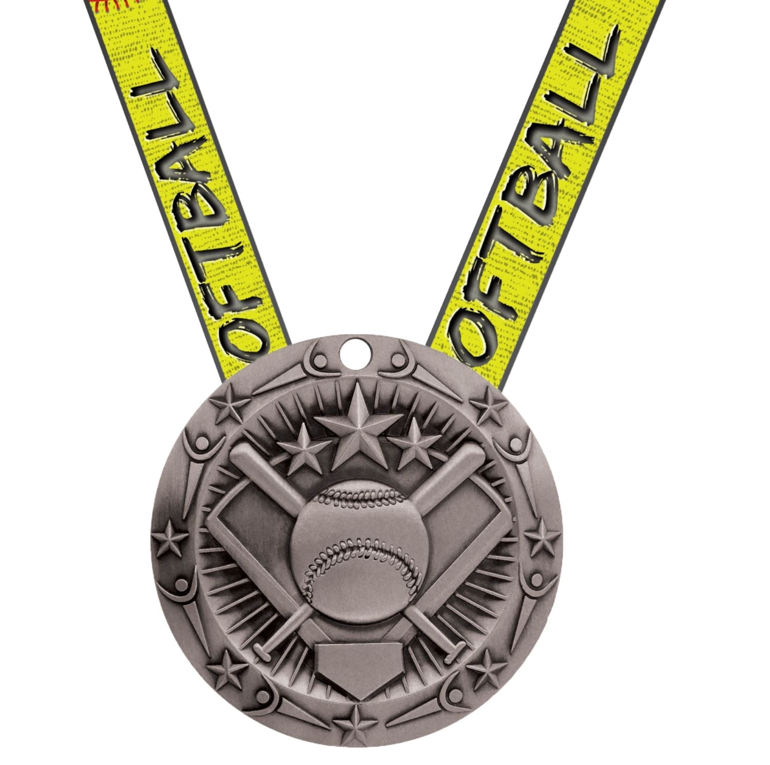 Softball World Class Medal - Gold, Silver or Bronze | Engraved Slow / Fast Pitch Medal -3 Inch Wide Decade 
- Silver Softball Medal.Stars & Softball Ribbon