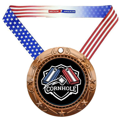 Cornhole World Class Medal - Gold, Silver or Bronze | Engraved Cornhole Medal - 3 Inch Wide
- Bronze Cornhole Medal, Stars & Stripes Ribbon