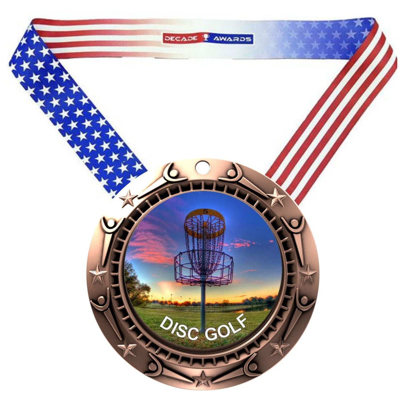 Disc Golf World Class Medal - Gold, Silver or Bronze | Engraved Disc Golf Medal - 3 Inch Wide
- Bronze Disc Golf Medal, black ribbon