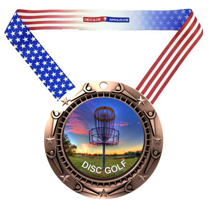 Disc Golf World Class Medal - Gold, Silver or Bronze | Engraved Disc Golf Medal - 3 Inch Wide
- Bronze Disc Golf Medal, black ribbon