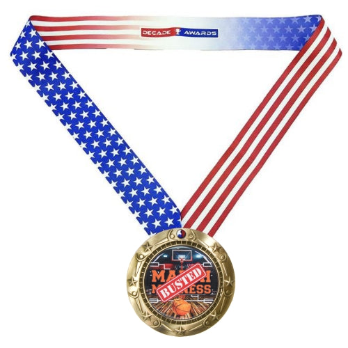 Engraved Busted Bracket Basketball Medal with Ribbon in Gold Silver or Bronze – Free Custom Engraving March Sadness Award 3 Inch – Decade Awards