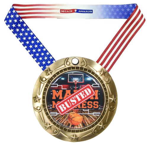 Engraved Busted Bracket Basketball Medal with Ribbon in Gold Silver or Bronze – Free Custom Engraving March Sadness Award 3 Inch – Decade Awards