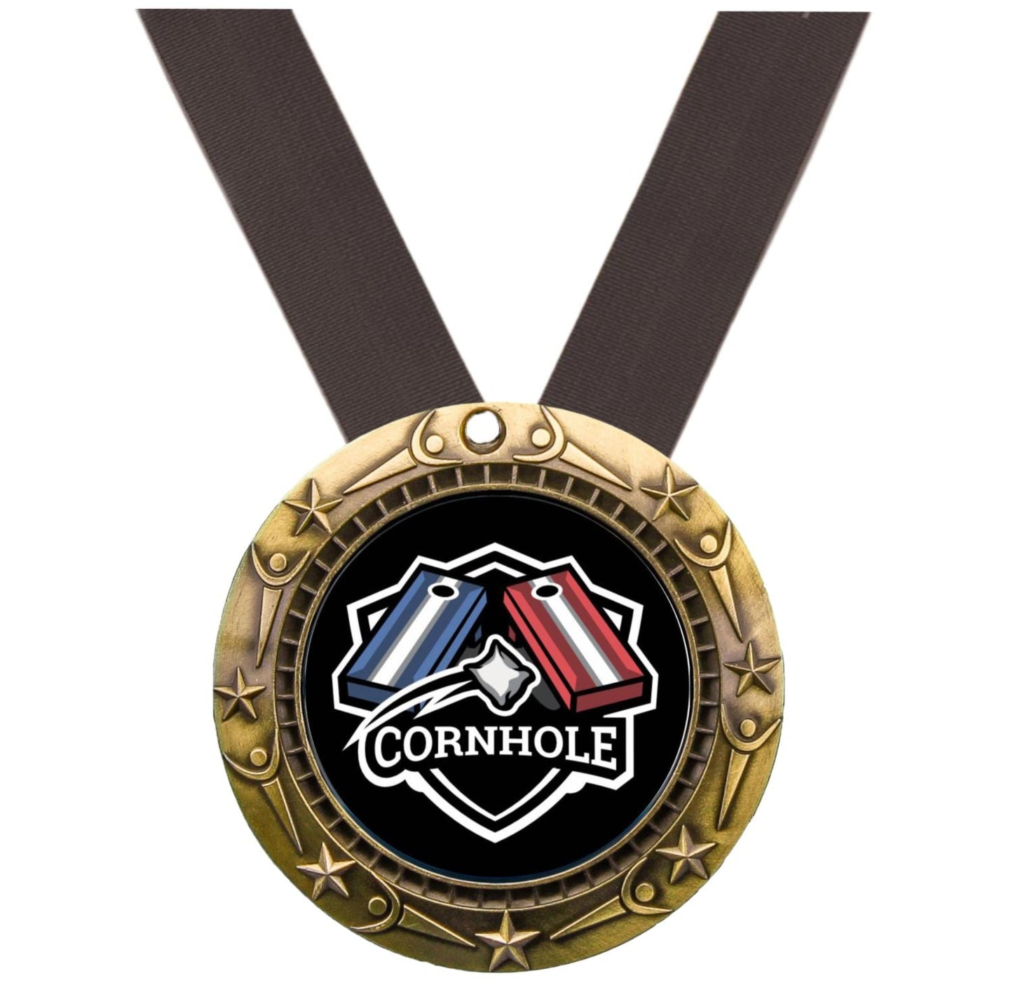 Cornhole World Class Medal - Gold, Silver or Bronze | Engraved Cornhole Medal - 3 Inch Wide
- Gold Cornhole Medal, Black Ribbon