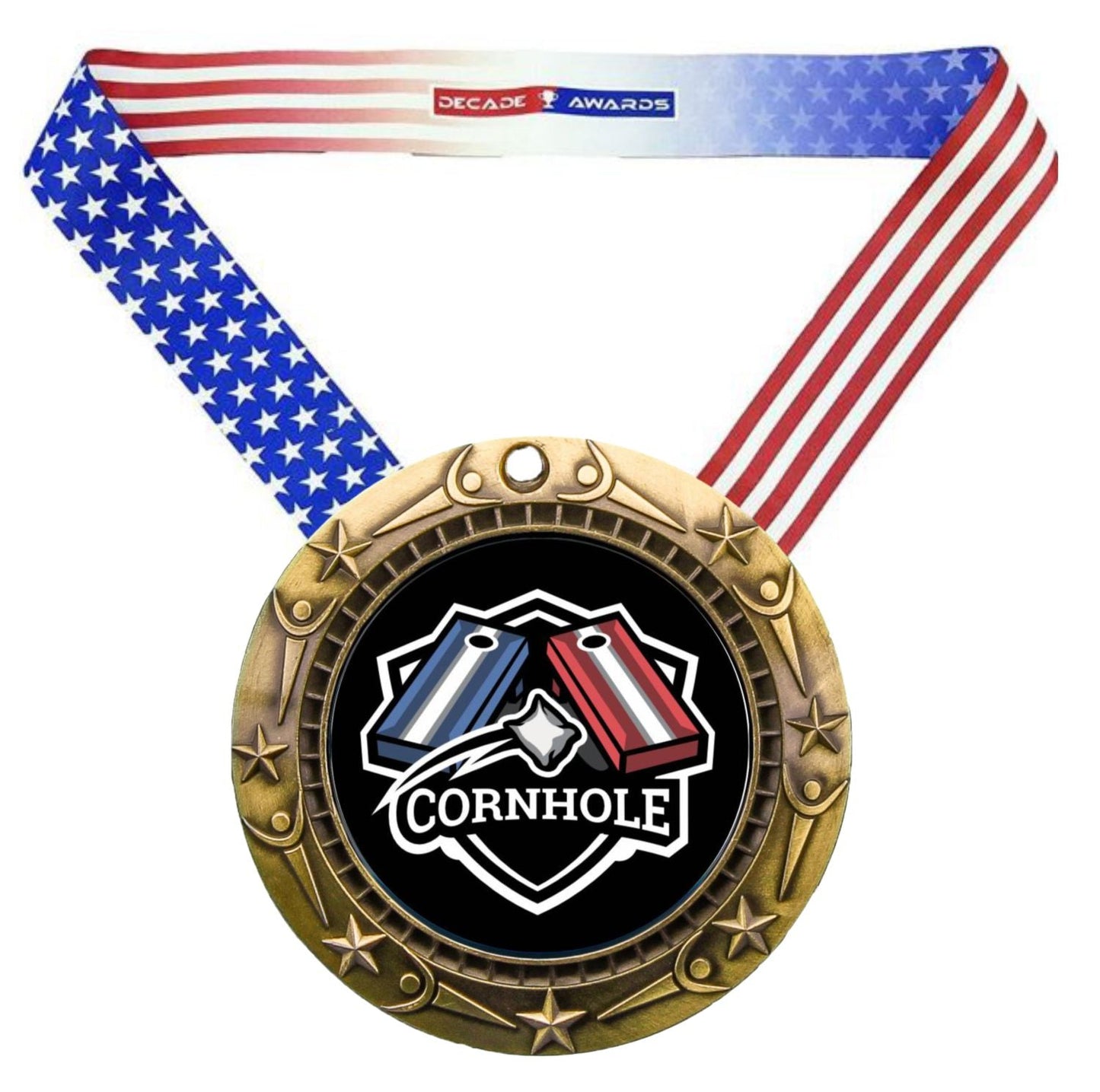 Cornhole World Class Medal - Gold, Silver or Bronze | Engraved Cornhole Medal - 3 Inch Wide
- Gold Cornhole Medal, Stars & Stripes Ribbon