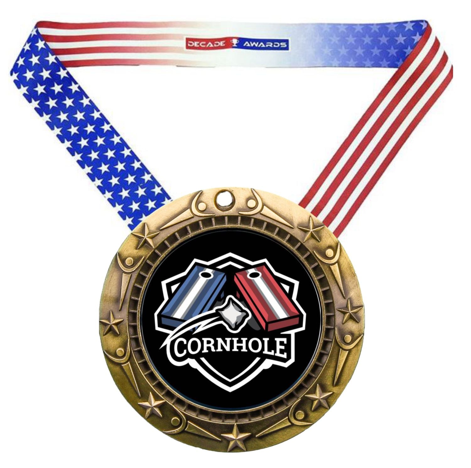 Cornhole World Class Medal - Gold, Silver or Bronze | Engraved Cornhole Medal - 3 Inch Wide
- Gold Cornhole Medal, Stars & Stripes Ribbon