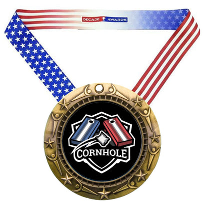 Cornhole World Class Medal - Gold, Silver or Bronze | Engraved Cornhole Medal - 3 Inch Wide
- Gold Cornhole Medal, Stars & Stripes Ribbon