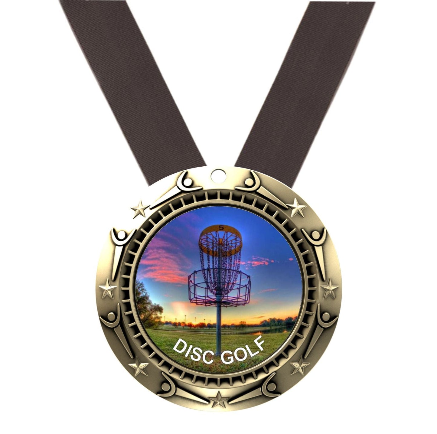 Disc Golf World Class Medal - Gold, Silver or Bronze | Engraved Disc Golf Medal - 3 Inch Wide
- Gold Disc Golf Medal, black ribbon
